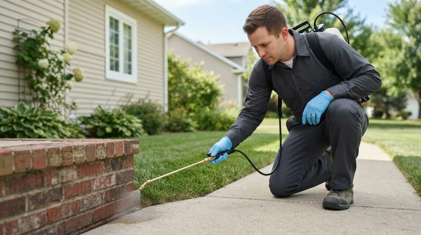 Pest control technician treating a home near Pine Lake, GA